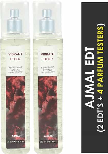 Ajmal Vibrant Ether Edt Combo Pack Of 2 Each 250Ml (Total 500Ml) For Men & Women + 4 Parfum Testers