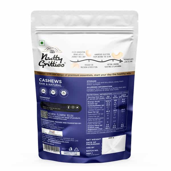 Nutty Gritties Cashew Nuts| Whole Jumbo In Size W240 - 200G