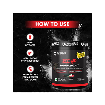 Denzour Nutrition Bee Hp Pre Workout Powder | Energy | Strength & Muscle Pump | Lychee Flav | 300g