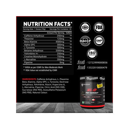 Denzour Nutrition Bee Hp Pre Workout Powder | Energy | Strength & Muscle Pump | Lychee Flav | 300g