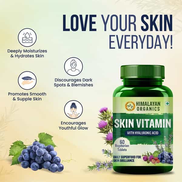 Himalayan Organics Skin Vitamin | With Hyaluronic Acid | Bottle | 60 Veg Tablets