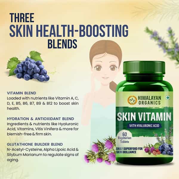 Himalayan Organics Skin Vitamin | With Hyaluronic Acid | Bottle | 60 Veg Tablets
