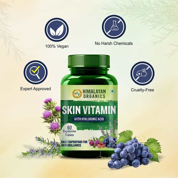 Himalayan Organics Skin Vitamin | With Hyaluronic Acid | Bottle | 60 Veg Tablets
