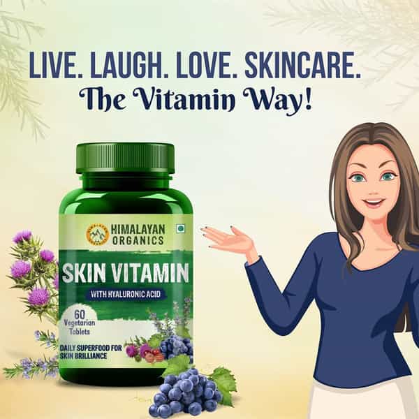 Himalayan Organics Skin Vitamin | With Hyaluronic Acid | Bottle | 60 Veg Tablets