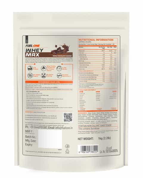Fuelone Whey Max Protein Blend | Triple Chocolate | 1Kg (2.2Lbs) | 27G Protein Per Scoop