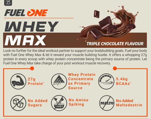 Fuelone Whey Max Protein Blend | Triple Chocolate | 1Kg (2.2Lbs) | 27G Protein Per Scoop