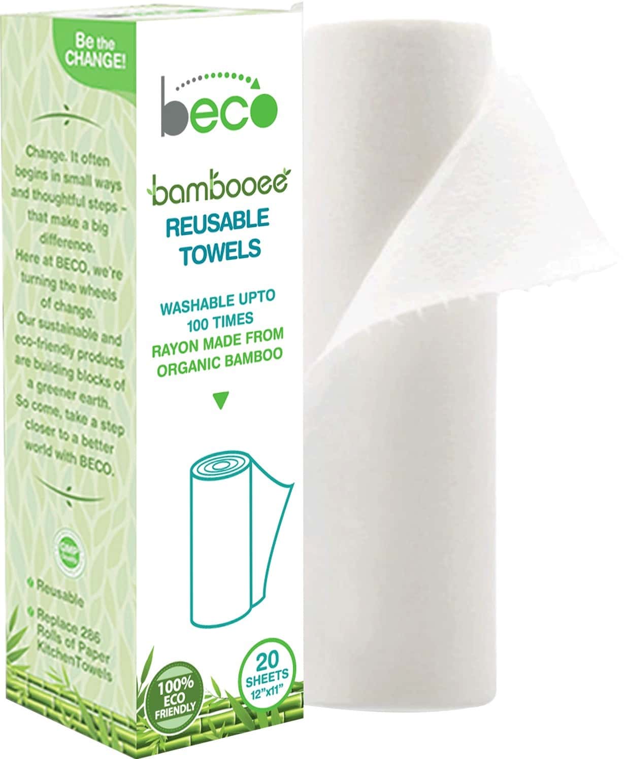 Beco Eco-Friendly Reusable Kitchen Towel Roll - 20 Sheets Natural & Organic Cleaning Bamboo Cloth