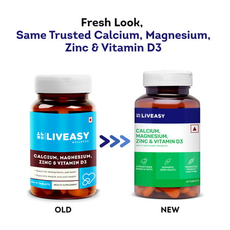 Liveasy Wellness Calcium Magnesium Vitamin D3 & Zinc - Bones & Dental Health - Bottle 60 Tabs