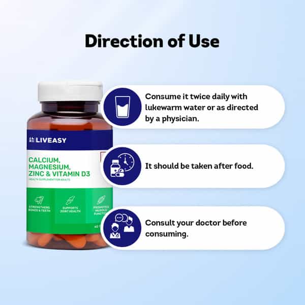 Liveasy Wellness Calcium Magnesium Vitamin D3 & Zinc - Bones & Dental Health - Bottle 60 Tabs