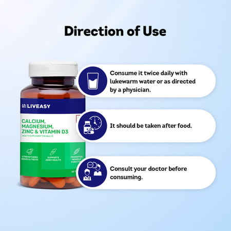 Liveasy Wellness Calcium Magnesium Vitamin D3 & Zinc - Bones & Dental Health - Bottle 60 Tabs