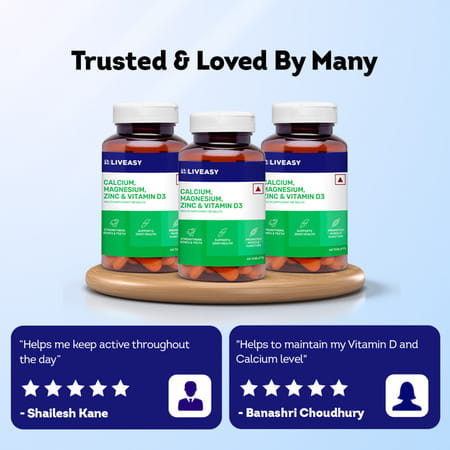 Liveasy Wellness Calcium Magnesium Vitamin D3 & Zinc - Bones & Dental Health - Bottle 60 Tabs