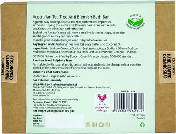 Azafran Organic Australian Tea Tree Anti-Blemish Bath Bar -100Gm