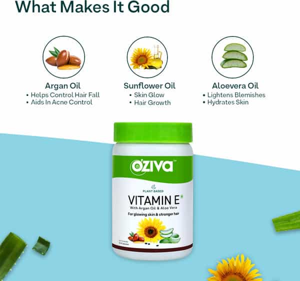 Oziva Plant Based Vitamin E 30 Capsules | Glowing Skin & Stronger Hair