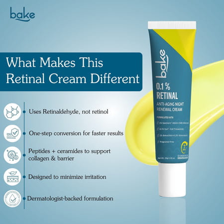 Bake 0.1% Retinal Night Cream For Anti-Aging | Wrinkles | Smooth & Radiant Skin (30Ml)