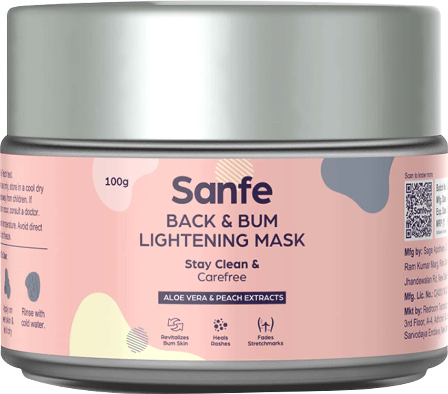 Sanfe Back & Bum Lightening Mask For Women With Aloevera & Peach Extracts - 100g