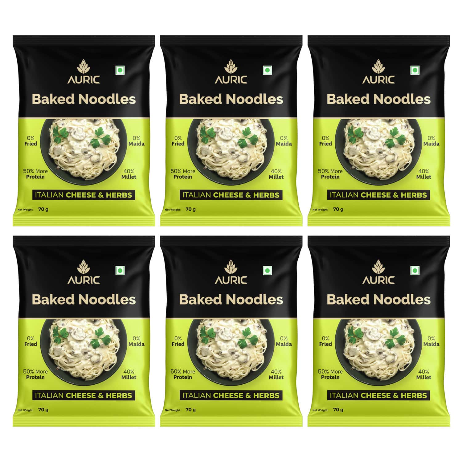 Auric Baked Instant Italian Cheese & Herbs Noodles 70g (Pack Of 6) Baked | Not Fried