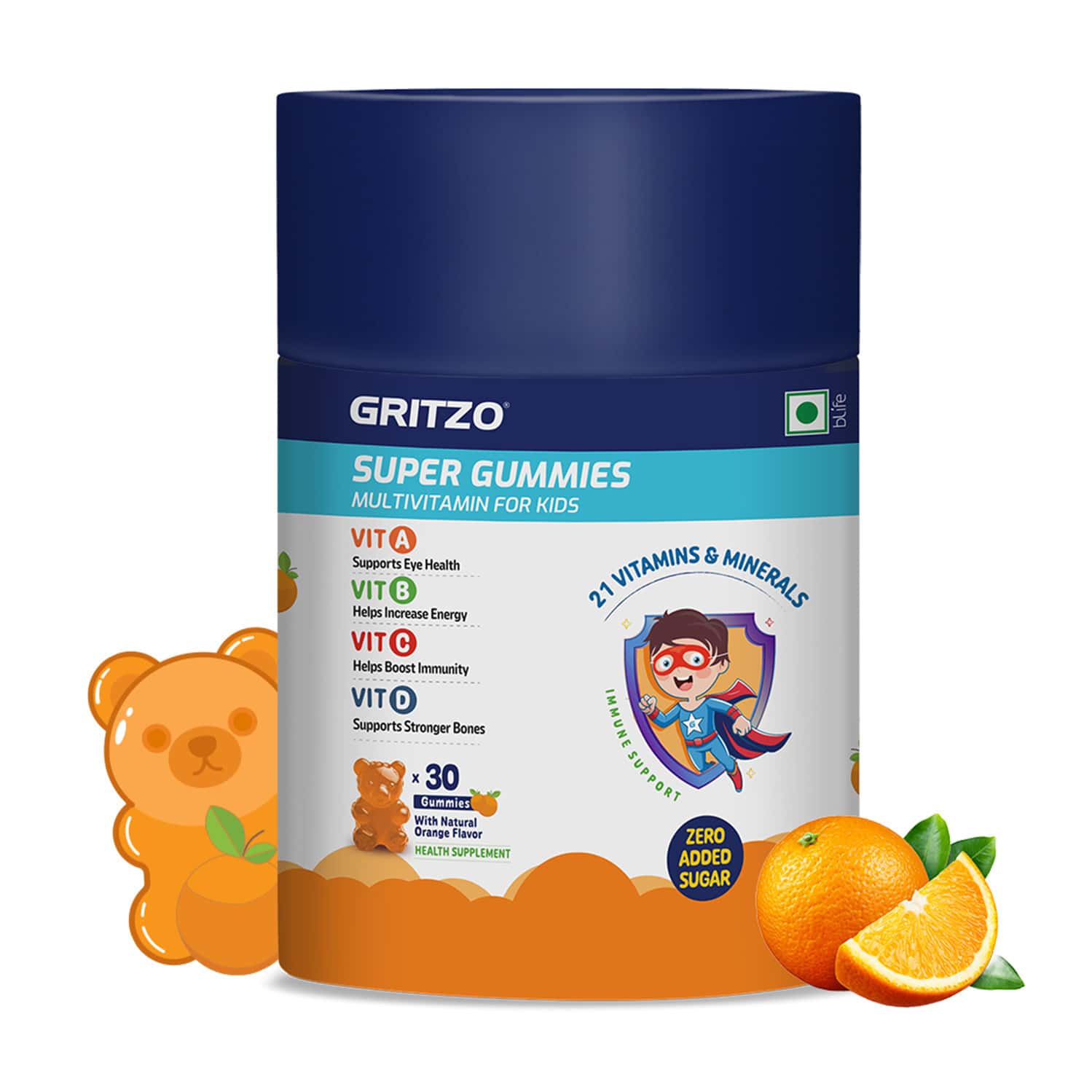 Gritzo Super Gummies| Multivitamin For Kids (natural Orange Flavour| 30 Gummies)