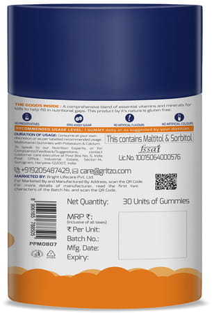 Gritzo Super Gummies| Multivitamin For Kids (Natural Orange Flavour| 30 Gummies)