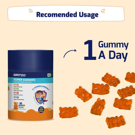 Gritzo Super Gummies| Multivitamin For Kids (Natural Orange Flavour| 30 Gummies)