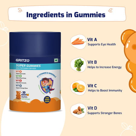 Gritzo Super Gummies| Multivitamin For Kids (Natural Orange Flavour| 30 Gummies)