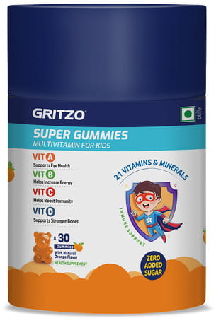 Gritzo Super Gummies| Multivitamin For Kids (Natural Orange Flavour| 30 Gummies)
