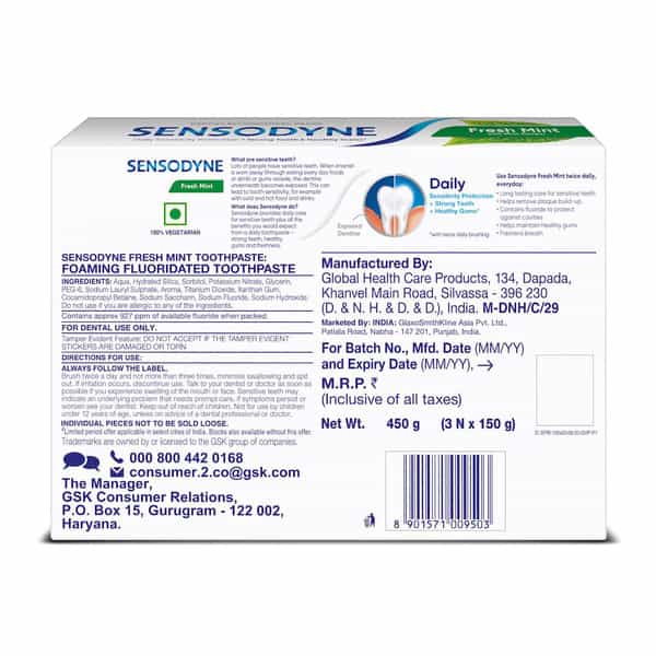 Sensodyne Fresh Mint Toothpaste Sensitivity Relief,Cavity Protection, Bad Breath Treatment 450 Grams