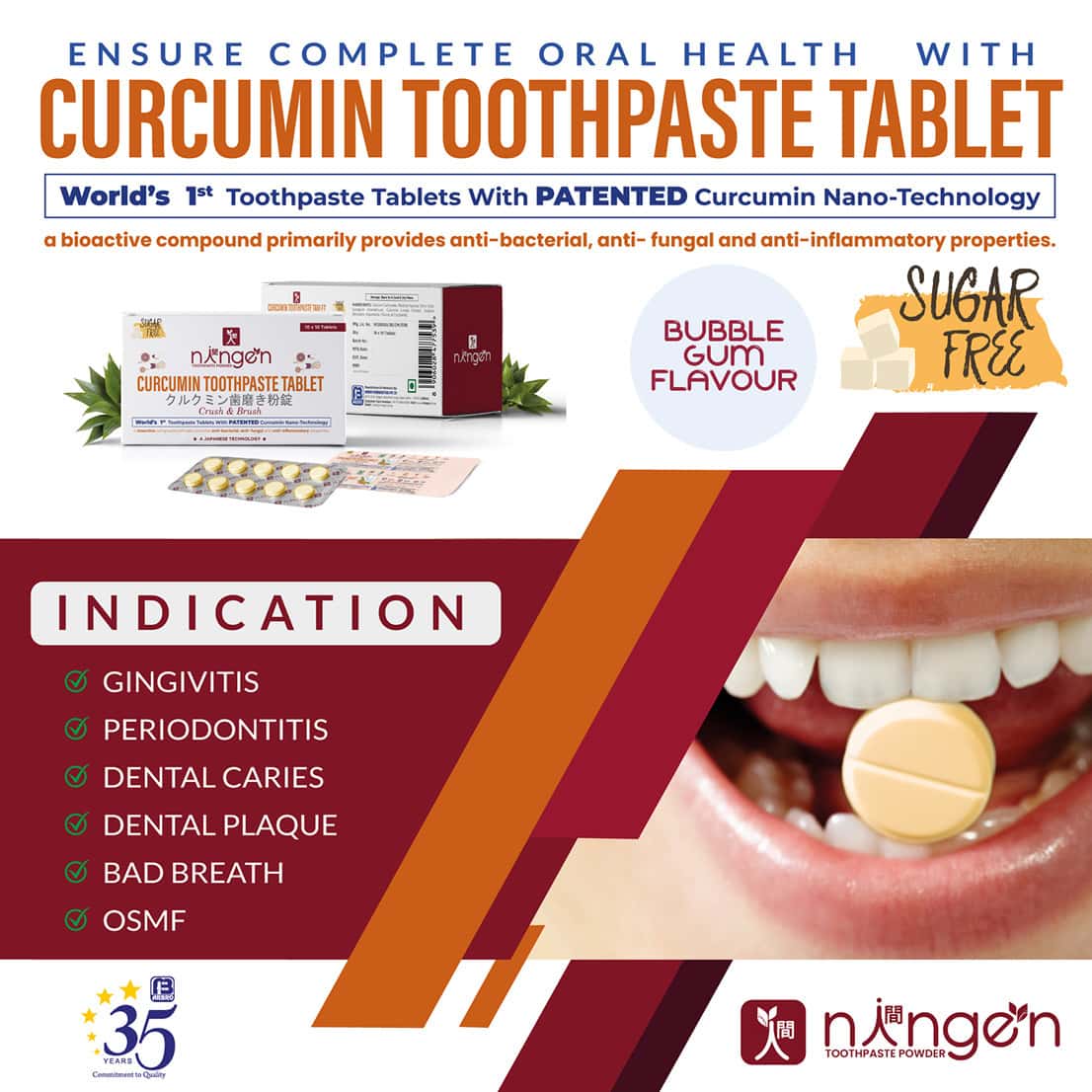 Buy NINGEN CURCUMIN CRUSH AND BRUSH SUGAR FREE TOOTHPASTE TABLETS 100