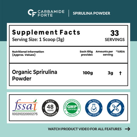 Carbamide Forte 100% Organic Spirulina Powder | Spirulina | Spirulina Powder Organic - 100G