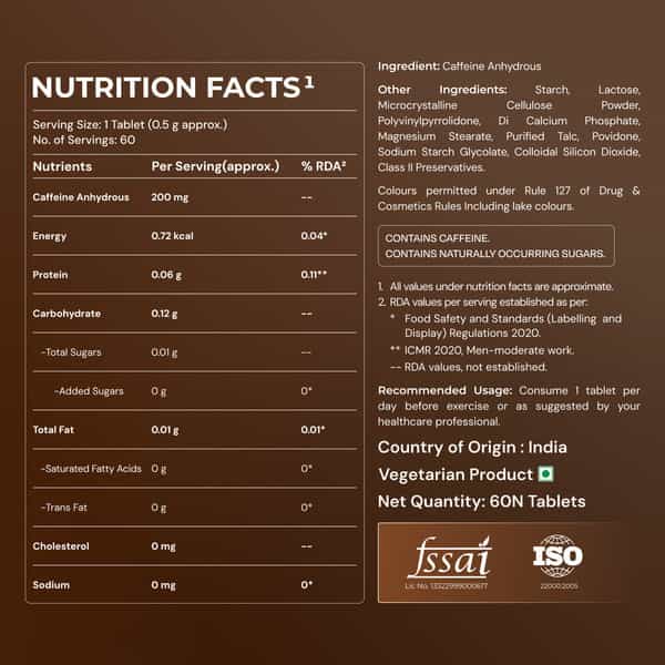Nutrabay Pro Potent Caffeine 200Mg Tablet | Natural Stimulant For Energy, Endurance & Focus, 60 Nos