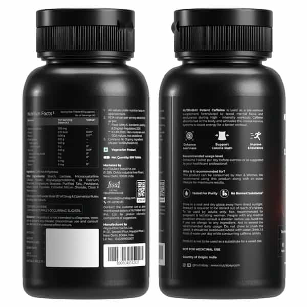 Nutrabay Pro Potent Caffeine 200Mg Tablet | Natural Stimulant For Energy, Endurance & Focus, 60 Nos