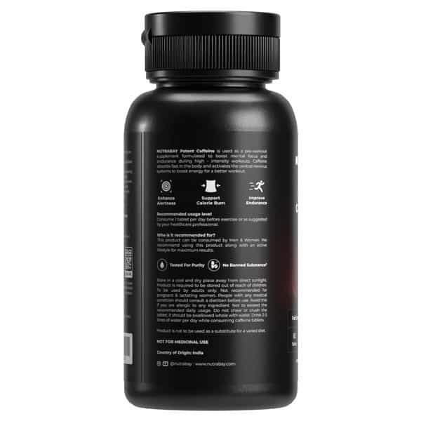 Nutrabay Pro Potent Caffeine 200Mg Tablet | Natural Stimulant For Energy, Endurance & Focus, 60 Nos