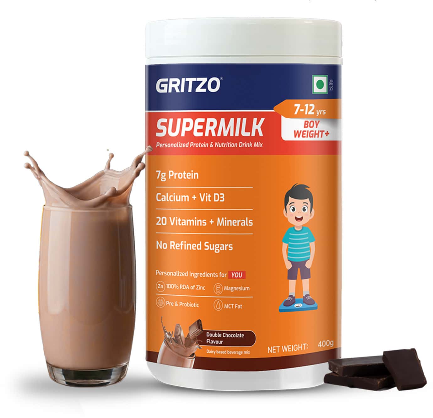 Gritzo Supermilk Weight+ (7-12y Boys) | 7g Protein (Double Chocolate | 400g) | Zero Refined Sugar