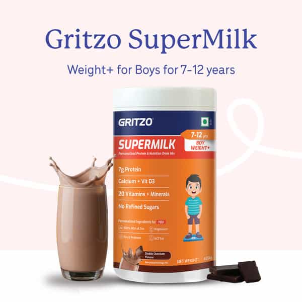 Gritzo Supermilk Weight+ (7-12Y Boys) | 7G Protein (Double Chocolate | 400G) | Zero Refined Sugar