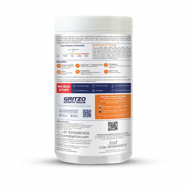 Gritzo Supermilk Weight+ (7-12Y Boys) | 7G Protein (Double Chocolate | 400G) | Zero Refined Sugar