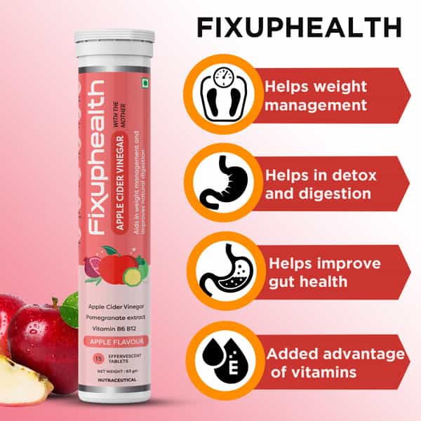 Fixuphealth Apple Cider Vinegar With The Mother B6 B12 Apple Flavour 15 Tab With Weight Management