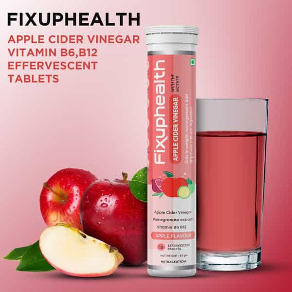 Fixuphealth Apple Cider Vinegar With The Mother B6 B12 Apple Flavour 15 Tab With Weight Management