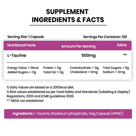 Vlado's Himalayan Organics L-Taurine 500Mg Supplement | Support Muscle Recovery | 120 Veg Capsules