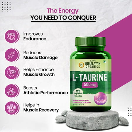 Vlado's Himalayan Organics L-Taurine 500Mg Supplement | Support Muscle Recovery | 120 Veg Capsules