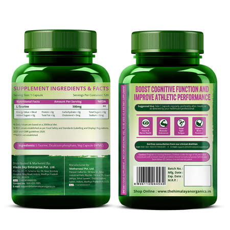 Vlado's Himalayan Organics L-Taurine 500Mg Supplement | Support Muscle Recovery | 120 Veg Capsules