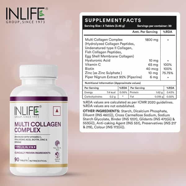 Inlife Multi Collagen Complex Supplement | 5 Peptides I Ii Iii V & X For Skin & Hair (90 Tablets)