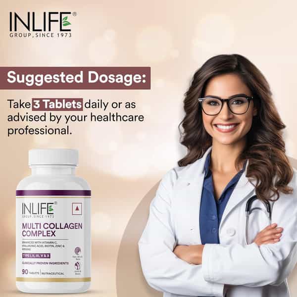 Inlife Multi Collagen Complex Supplement | 5 Peptides I Ii Iii V & X For Skin & Hair (90 Tablets)
