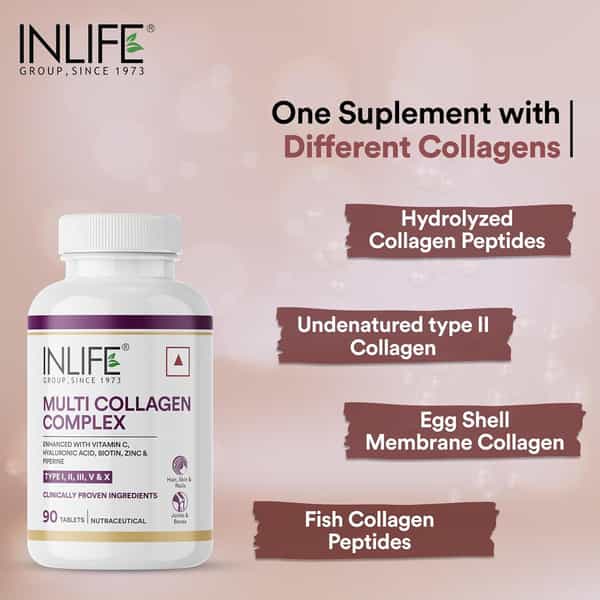Inlife Multi Collagen Complex Supplement | 5 Peptides I Ii Iii V & X For Skin & Hair (90 Tablets)