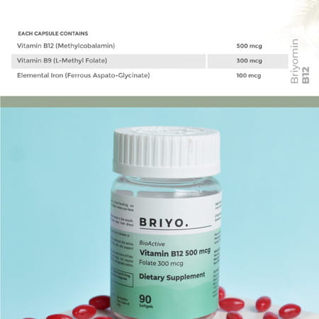 Briyomin B12 - 500 Mcg Bioactive Vitamin B12 (Methylcobalamin) - 90 Capsules