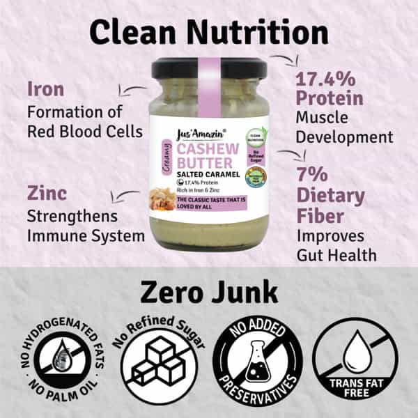 Jus Amazin Creamy Cashew Butter Salted Caramel -125G|Clean Nutrition|75% Cashewnut|No Refined Sugar
