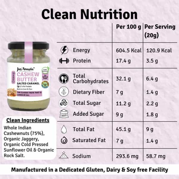 Jus Amazin Creamy Cashew Butter Salted Caramel -125G|Clean Nutrition|75% Cashewnut|No Refined Sugar