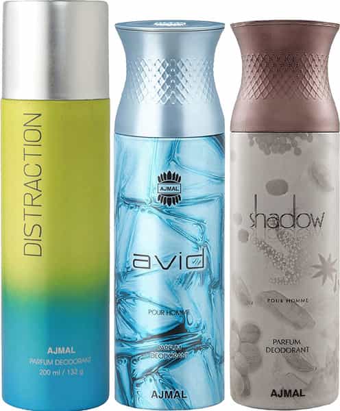 Ajmal 1 Distraction 1 Ajmal Avid & 1 Shadow & Deodorants Each 200Ml Pack Of 3 + 3 Parfum Testers