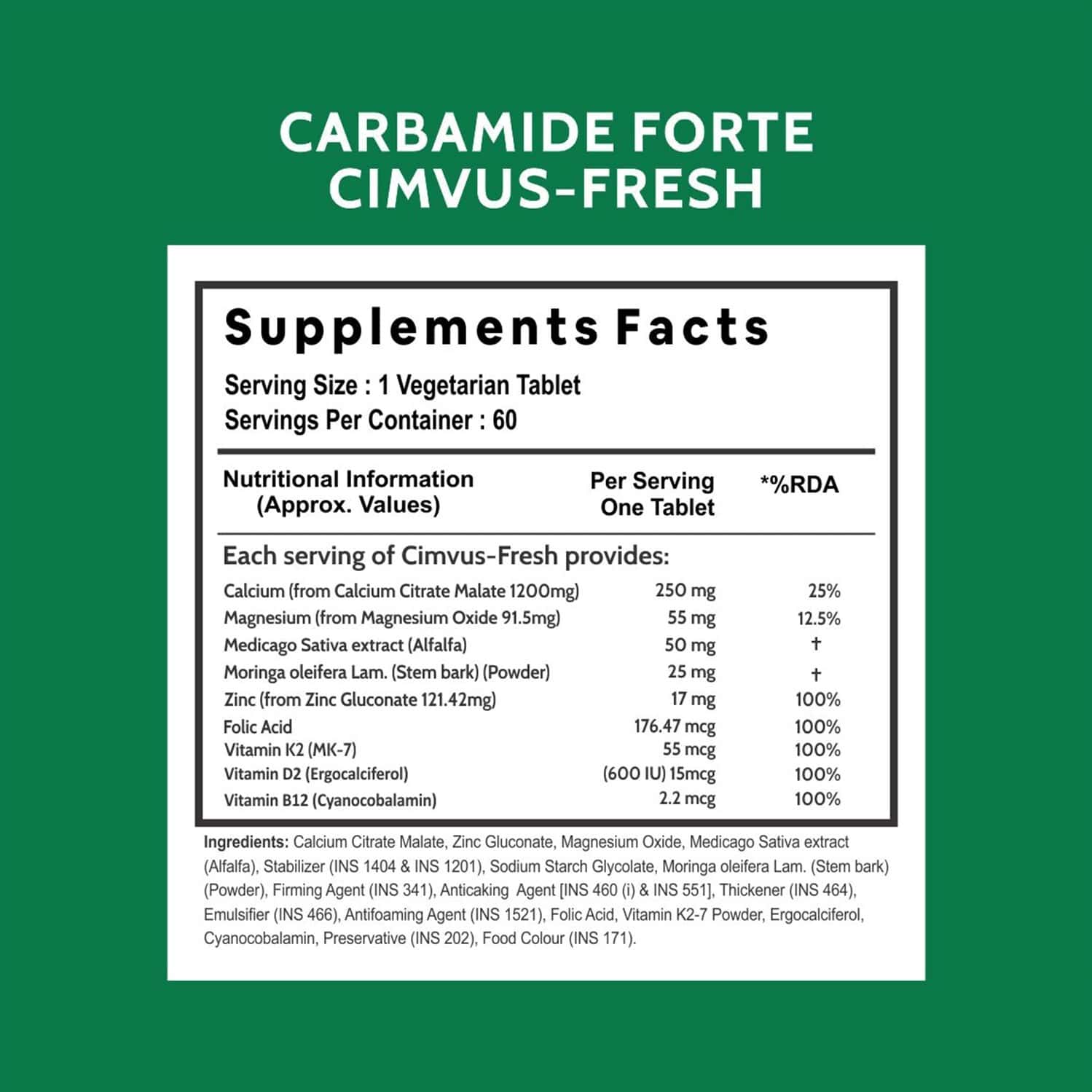 Buy CARBAMIDE FORTE CALCIUM WITH MAGNESIUM ZINC VITAMIN D K2 & B12 60