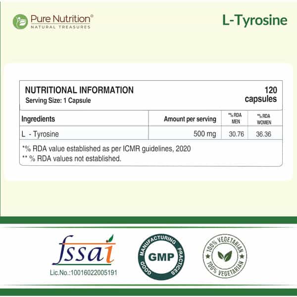 Pure Nutrition L-Tyrosine 500Mg - 120 Veg Capsules