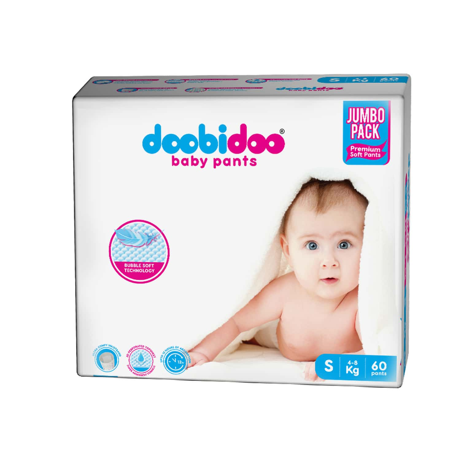 Doobidoo Baby Pants - Small Size Diapers (60 Count) - With Anti Leak Side Cuffs (4-8 Kgs)