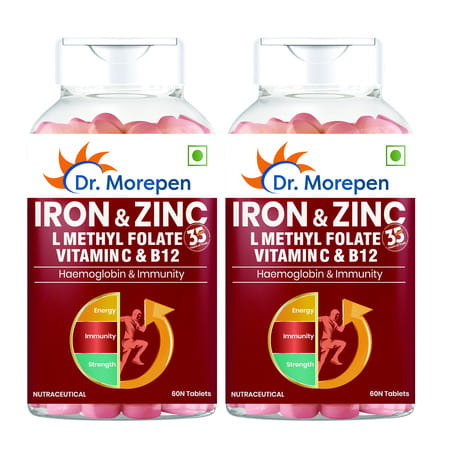 Dr. Morepen Iron & Zinc | L Methykl Folate Vitamin C & Zinc | Tablets | 60 No'S | Pack Of 2